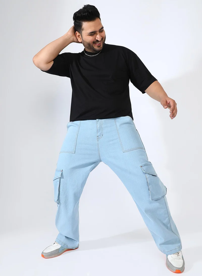 Instafab Plus  Men's Light Blue Utility Cargo Denim Jeans For Casual Wear | Mid-Rise | Straight Fit | Button Closure | Plus-Size Denim Jeans Crafted With Comfort Fit For Everyday Wear for Men | Best Price UAE